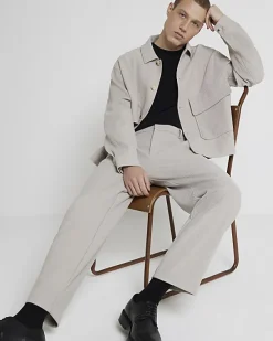 River Island Ecru tapered fit plisse smart trousers< Trousers