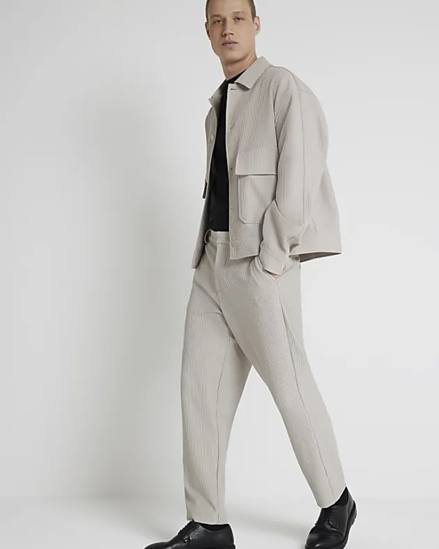 River Island Ecru tapered fit plisse smart trousers< Trousers