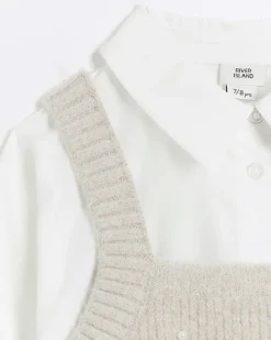 River Island Girls Beige Embellished Knit Top And Shirt< Sets & Outfits