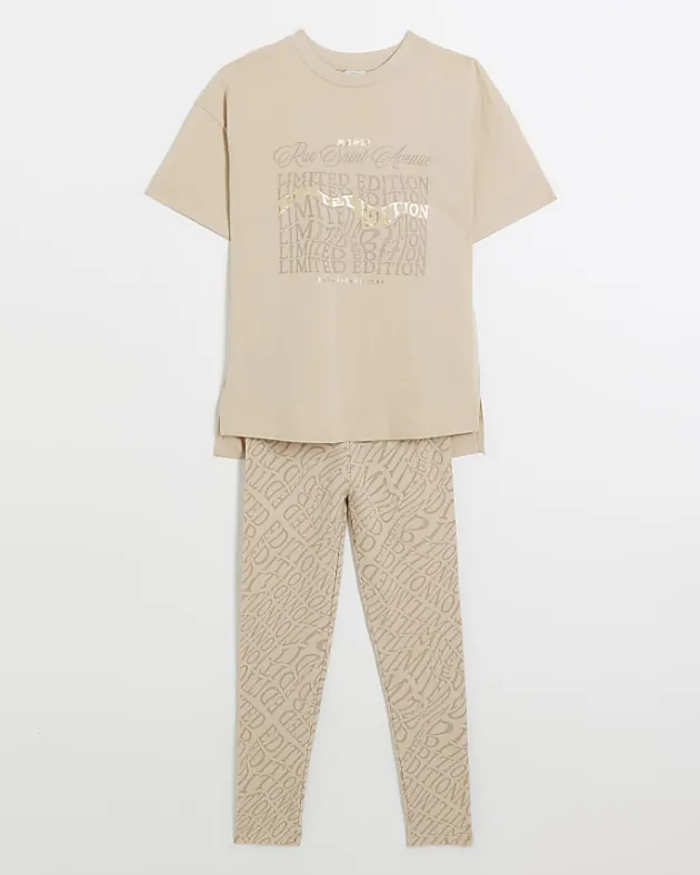 River Island Girls beige graphic t-shirt and leggings set< Sets & Outfits