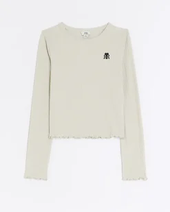 River Island Girls stone long sleeve rib lettuce hem top< Tops & T-shirts