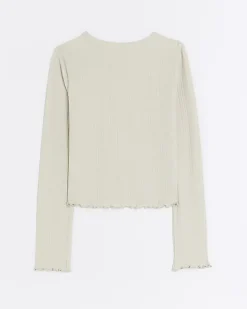 River Island Girls stone long sleeve rib lettuce hem top< Tops & T-shirts