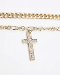 River Island Gold Cross Multirow Choker Necklace< Jewellery