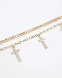 River Island Gold Cross Multirow Choker Necklace< Jewellery
