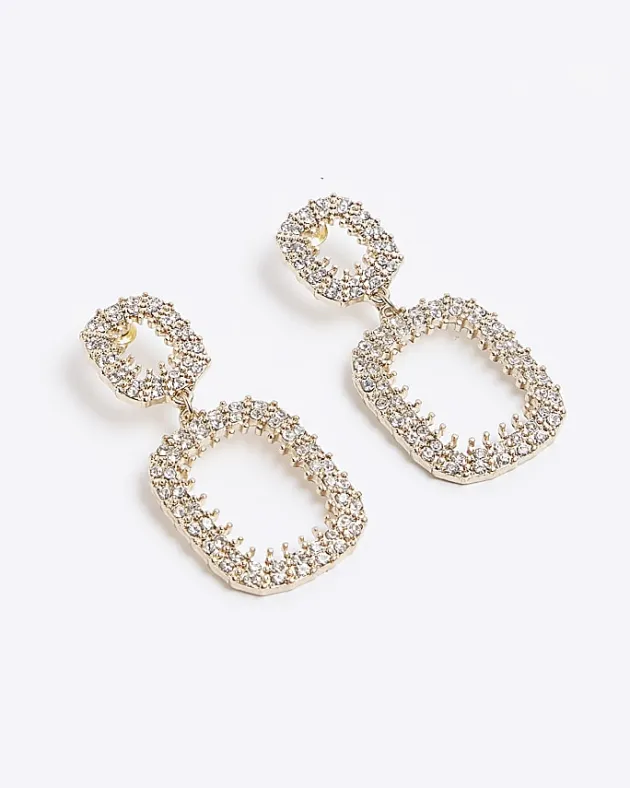 River Island Gold Diamante Drop Earrings< Jewellery