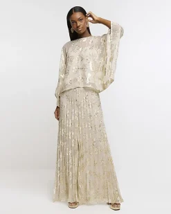 River Island Gold glitter floral cape blouse< Co-ord Sets
