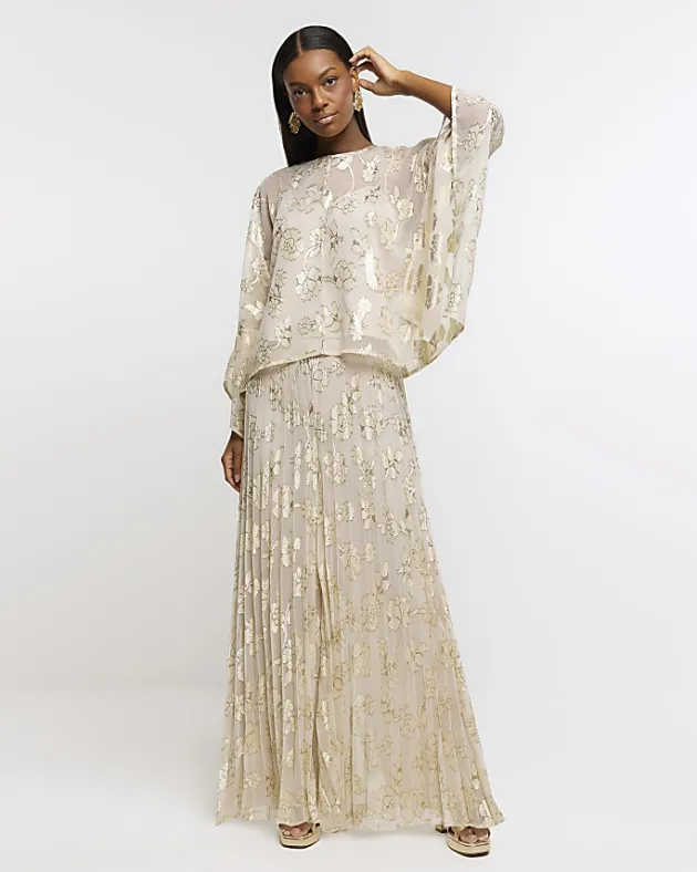 River Island Gold glitter floral cape blouse< Co-ord Sets