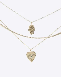 River Island Gold heart and hand multirow necklace< Jewellery