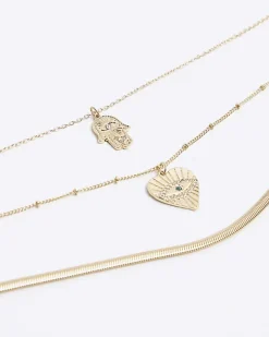 River Island Gold heart and hand multirow necklace< Jewellery