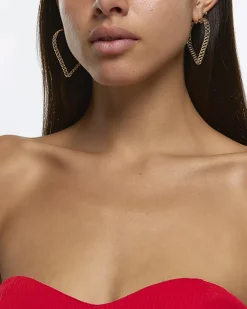 River Island Gold Heart Chain Hoop Earrings< Jewellery