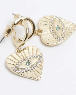 River Island Gold heart diamante eye hoop earrings< Jewellery