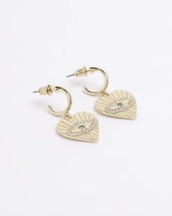 River Island Gold heart diamante eye hoop earrings< Jewellery