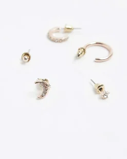 River Island Gold moon hoop and stud earrings< Jewellery
