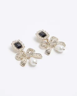 River Island Gold pearl bow drop earrings< Jewellery