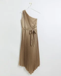 River Island Gold plisse asymmetric slip midi dress< Dresses