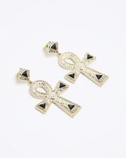 River Island Gold Textured Cross Drop Earrings< Jewellery