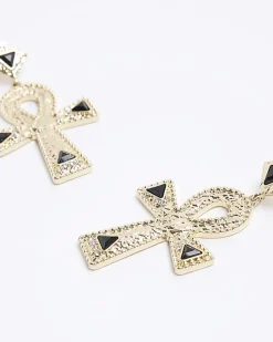 River Island Gold Textured Cross Drop Earrings< Jewellery