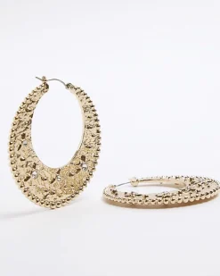 River Island Gold Textured Flat Hoop Earrings< Jewellery