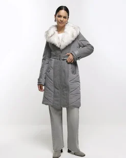 River Island faux fur collar belted jacket< Coats & Jackets