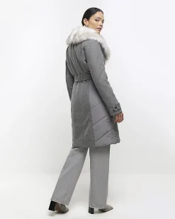 River Island faux fur collar belted jacket< Coats & Jackets