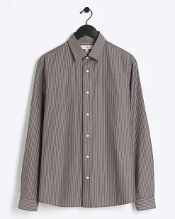 River Island Grey regular fit stripe long sleeve shirt< Shirts