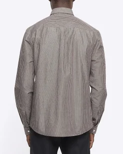 River Island Grey regular fit stripe long sleeve shirt< Shirts