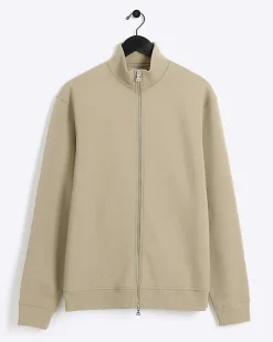 River Island Khaki regular fit zip up funnel sweatshirt< Hoodies & Sweatshirts
