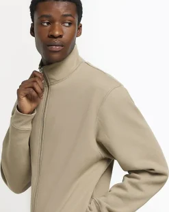 River Island Khaki regular fit zip up funnel sweatshirt< Hoodies & Sweatshirts