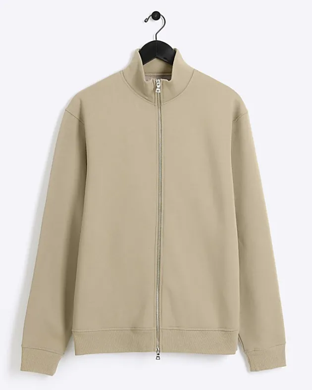 River Island Khaki regular fit zip up funnel sweatshirt< Hoodies & Sweatshirts