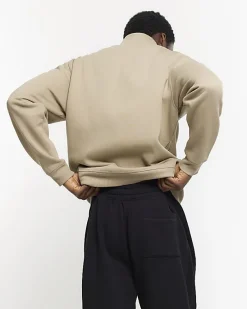 River Island Khaki regular fit zip up funnel sweatshirt< Hoodies & Sweatshirts