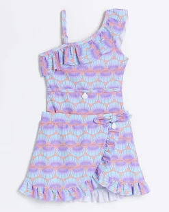 River Island Mini girls coral shell swimsuit and skirt set< 3 - 5 Yrs