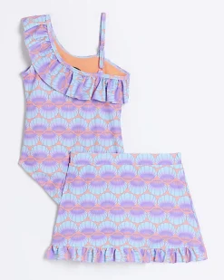 River Island Mini girls coral shell swimsuit and skirt set< 3 - 5 Yrs