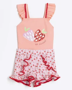 River Island Mini girls coral strawberry swimsuit set< 3 - 5 Yrs