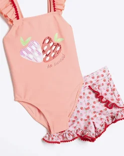 River Island Mini girls coral strawberry swimsuit set< 3 - 5 Yrs