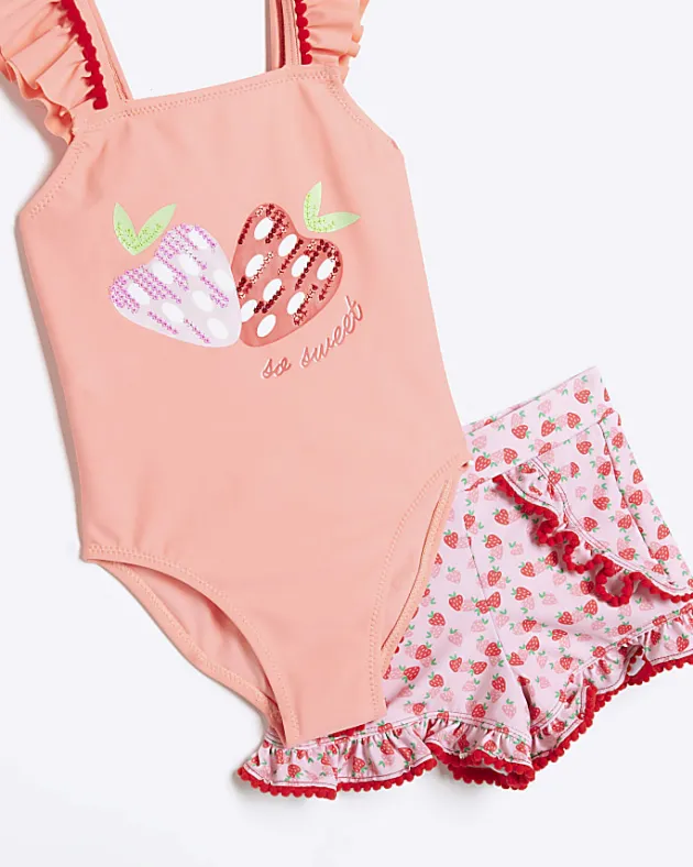 River Island Mini girls coral strawberry swimsuit set< 3 - 5 Yrs