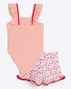 River Island Mini girls coral strawberry swimsuit set< 3 - 5 Yrs