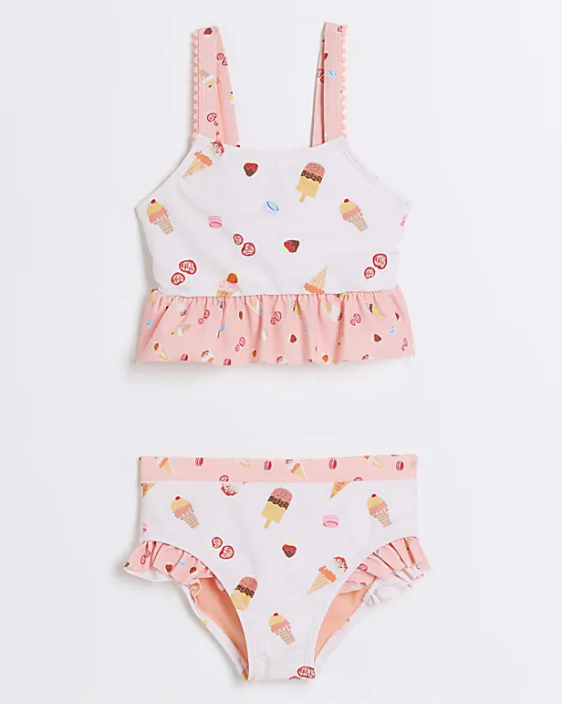 River Island Mini girls pink ice frill bikini set< 3 - 5 Yrs