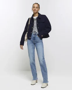 River Island Navy button detail crop jacket< Coats & Jackets