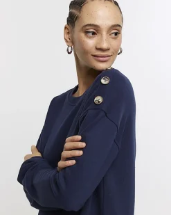 River Island Navy button detail sweatshirt mini dress< Dresses