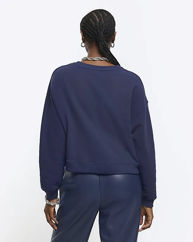 River Island Navy crop plain sweatshirt< Loungewear