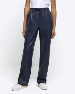 River Island Navy faux leather wide leg trousers< Trousers