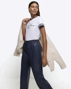 River Island Navy faux leather wide leg trousers< Trousers