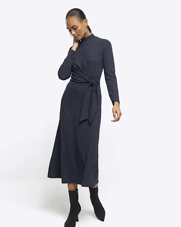 River Island Navy glitter knot bodycon midi dress< Dresses