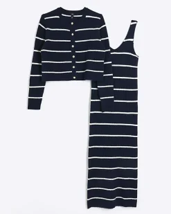 River Island Navy knit stripe bodycon midi dress set< Dresses