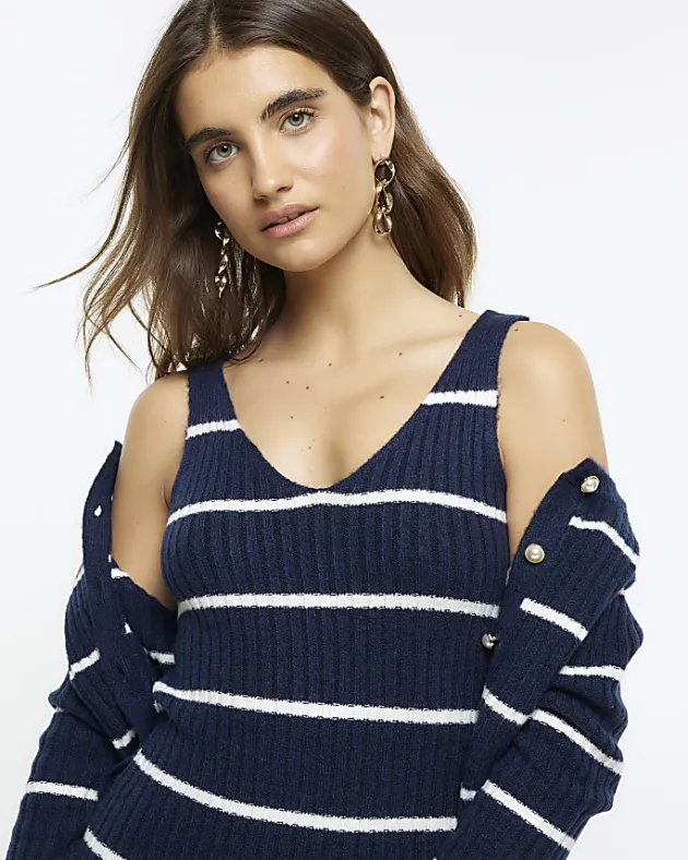 River Island Navy knit stripe bodycon midi dress set< Dresses