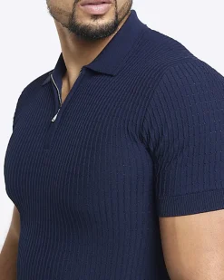 River Island muscle fit knitted half zip polo< Polo Shirts