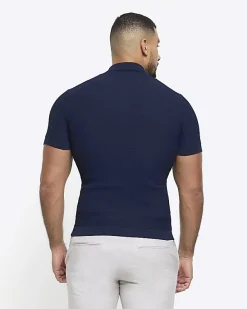 River Island muscle fit knitted half zip polo< Polo Shirts