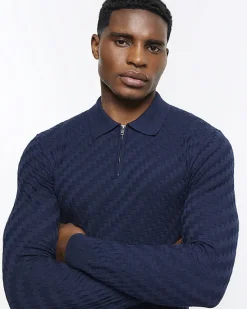 River Island muscle fit zig zag knit polo< Polo Shirts