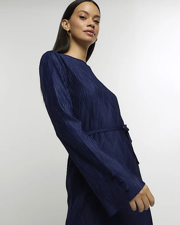 River Island Navy plisse belted bodycon mini dress< Dresses