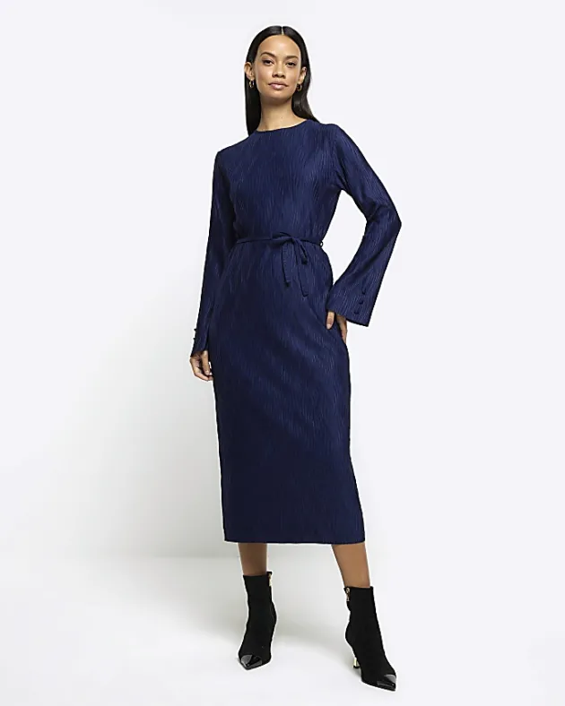 River Island Navy plisse belted bodycon mini dress< Dresses